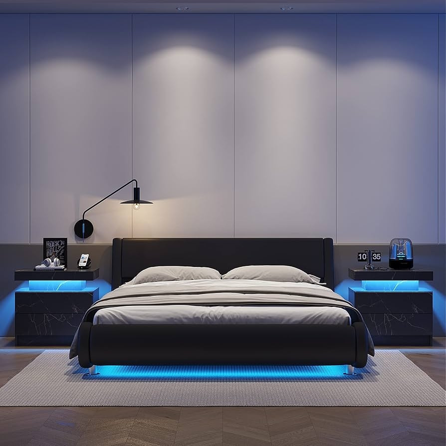 Nightstand Integrated LED Black Marble Pattern LED Side Table