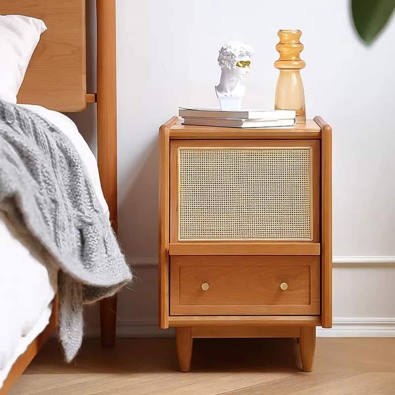 Nightstand: Rattan Panel and Mid-Century Tapered Leg Table