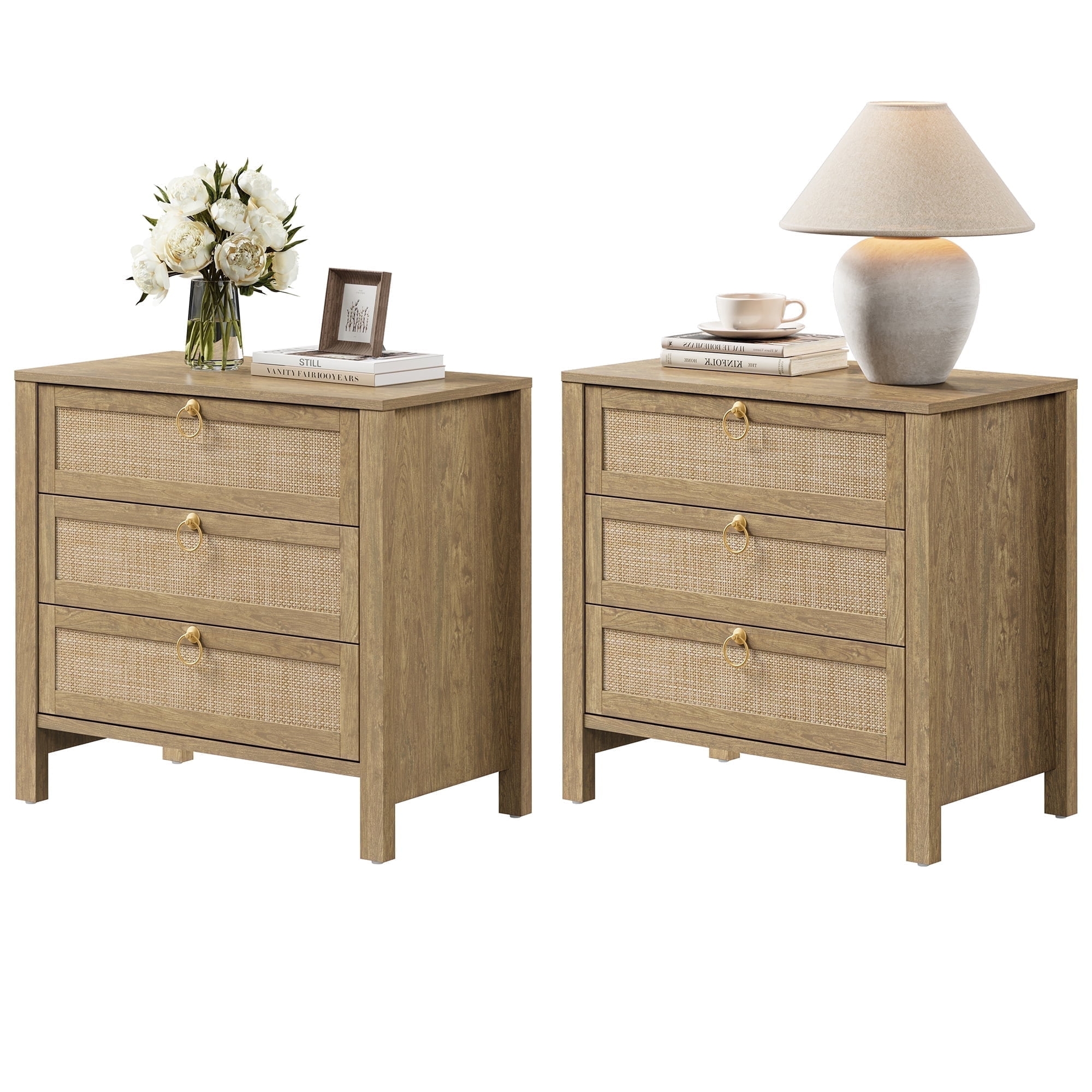 Nightstand Set with Rattan Cane Fronts and Gold Ring Pulls