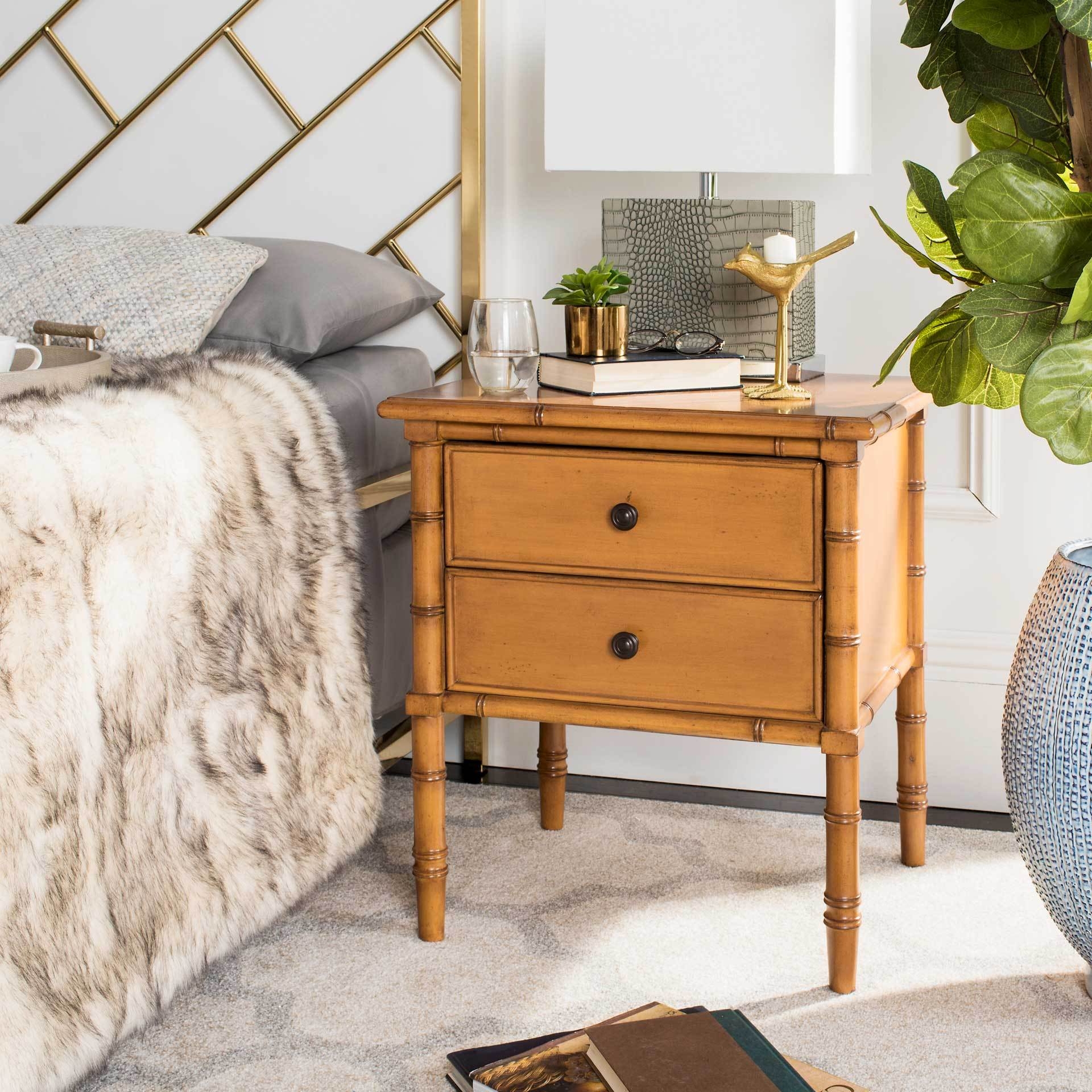 Nightstand with Bamboo Carved Details and Warm Honey Wood Finish