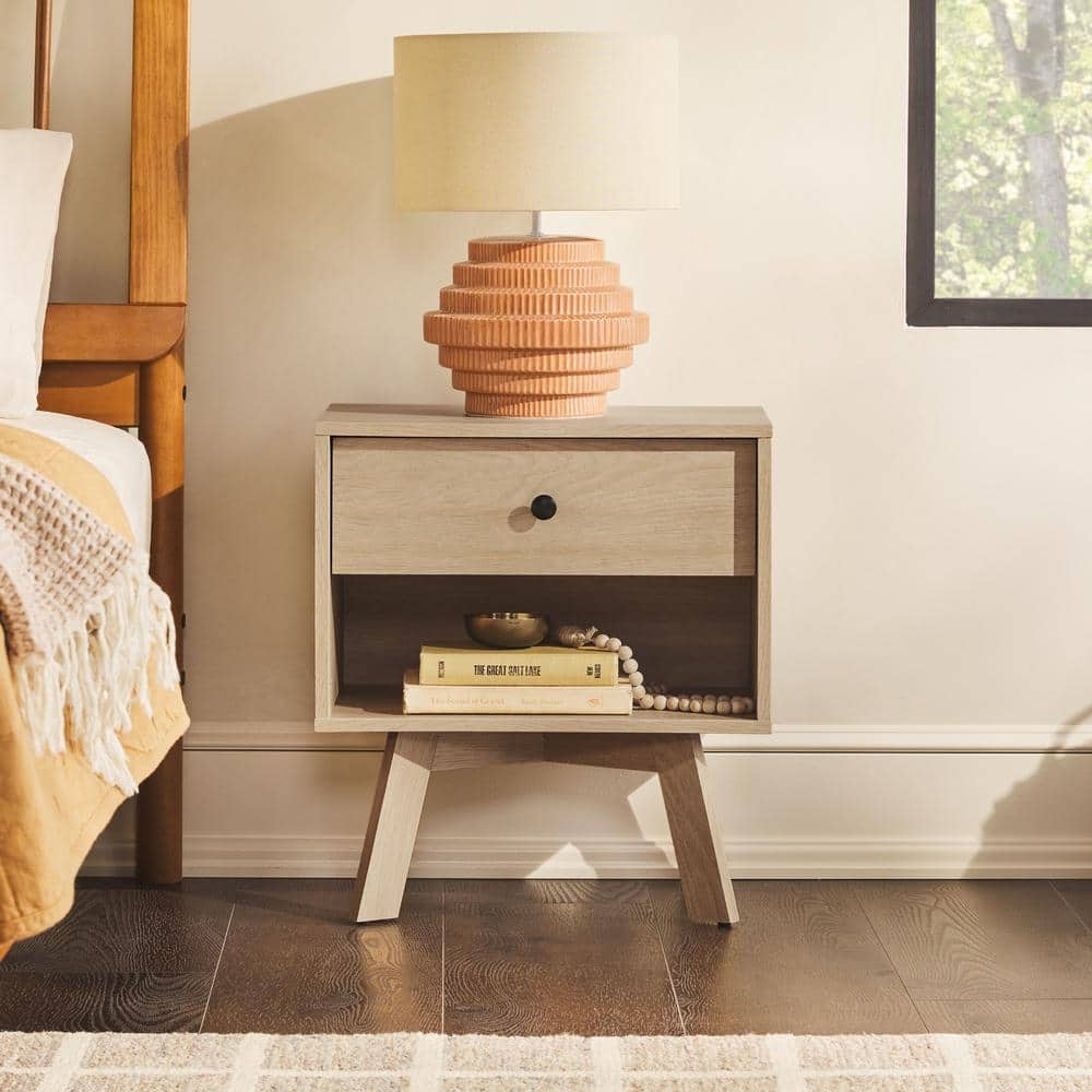 Nightstand with Coastal Oak Finish and Open Storage Cubby