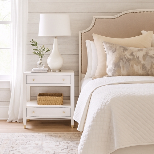Nightstand with Concave Drawer and Gold Capped Tapered Legs
