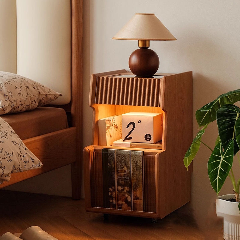Nightstand with Integrated Lighting: Fluted Wood Nightstand