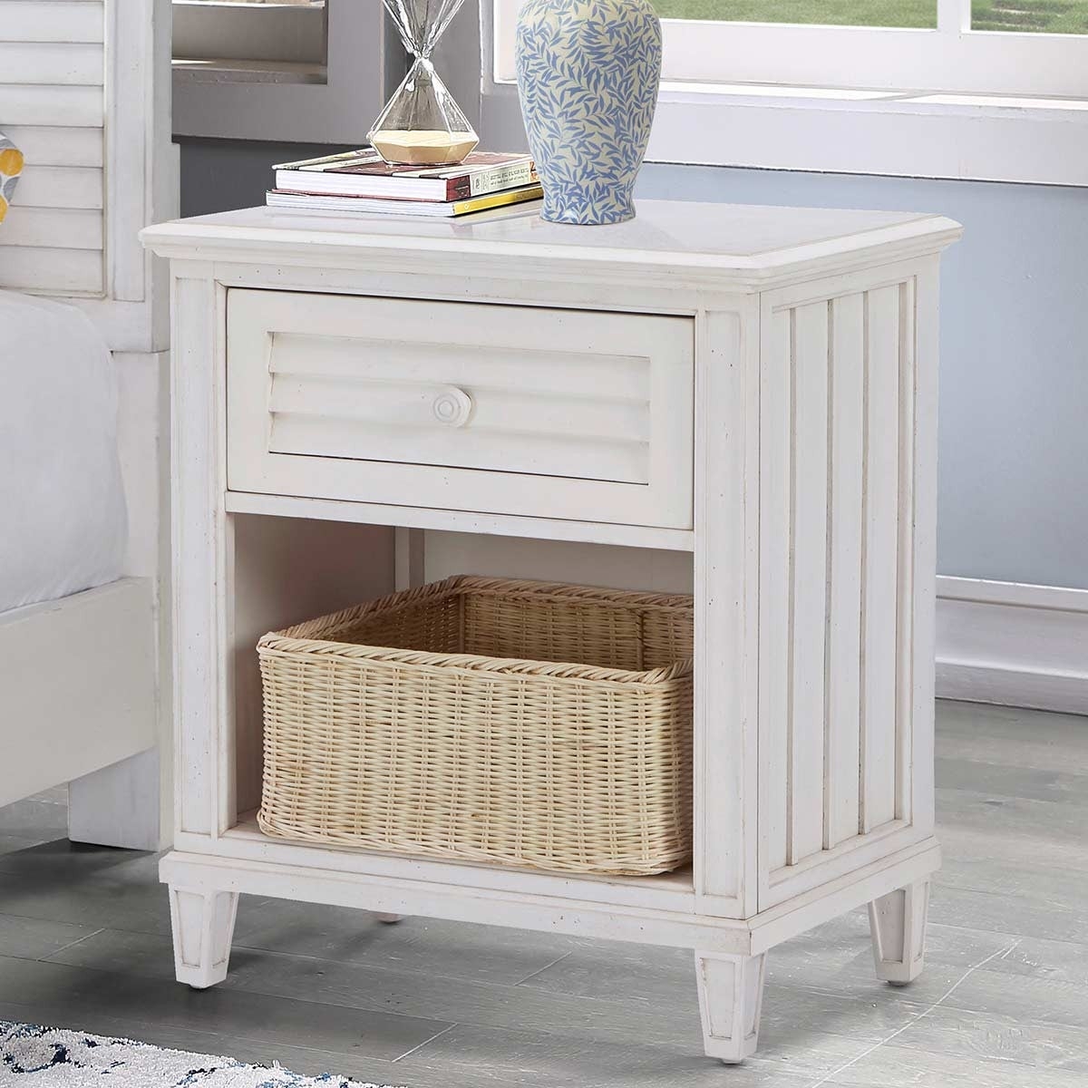 Nightstand with Louvered Drawer and Woven Wicker Basket