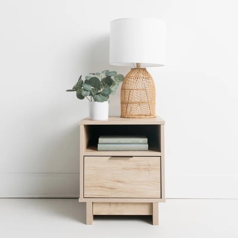 Nightstand with Open Niche: Light Oak Japandi Nightstand