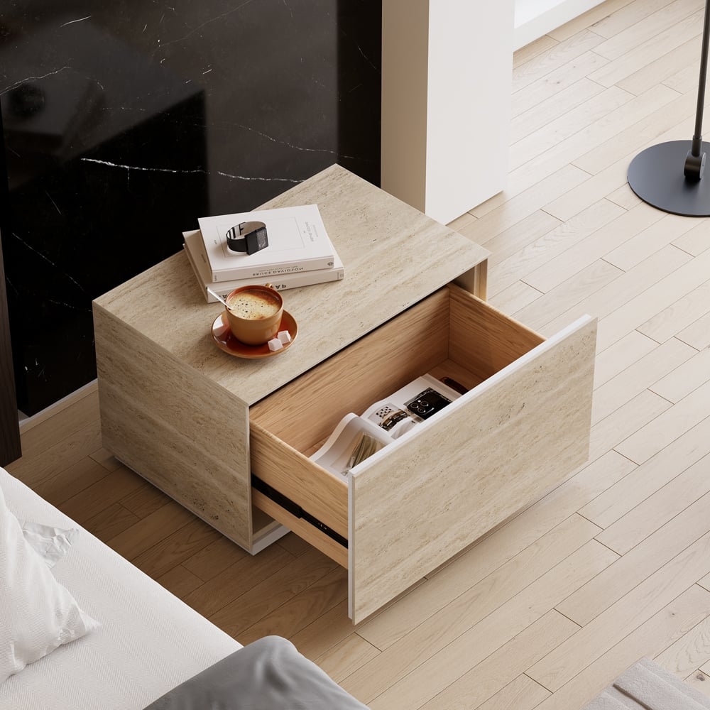Nightstand with Stone Like Texture: Japandi Travertine Nightstand