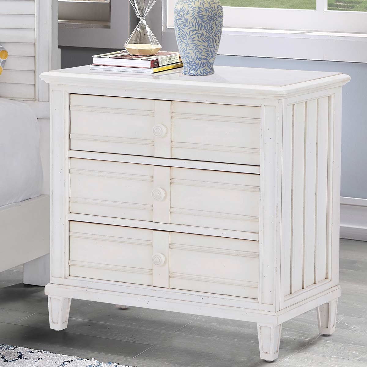 Nightstand with Vertical Side Slats and Whitewashed Finish
