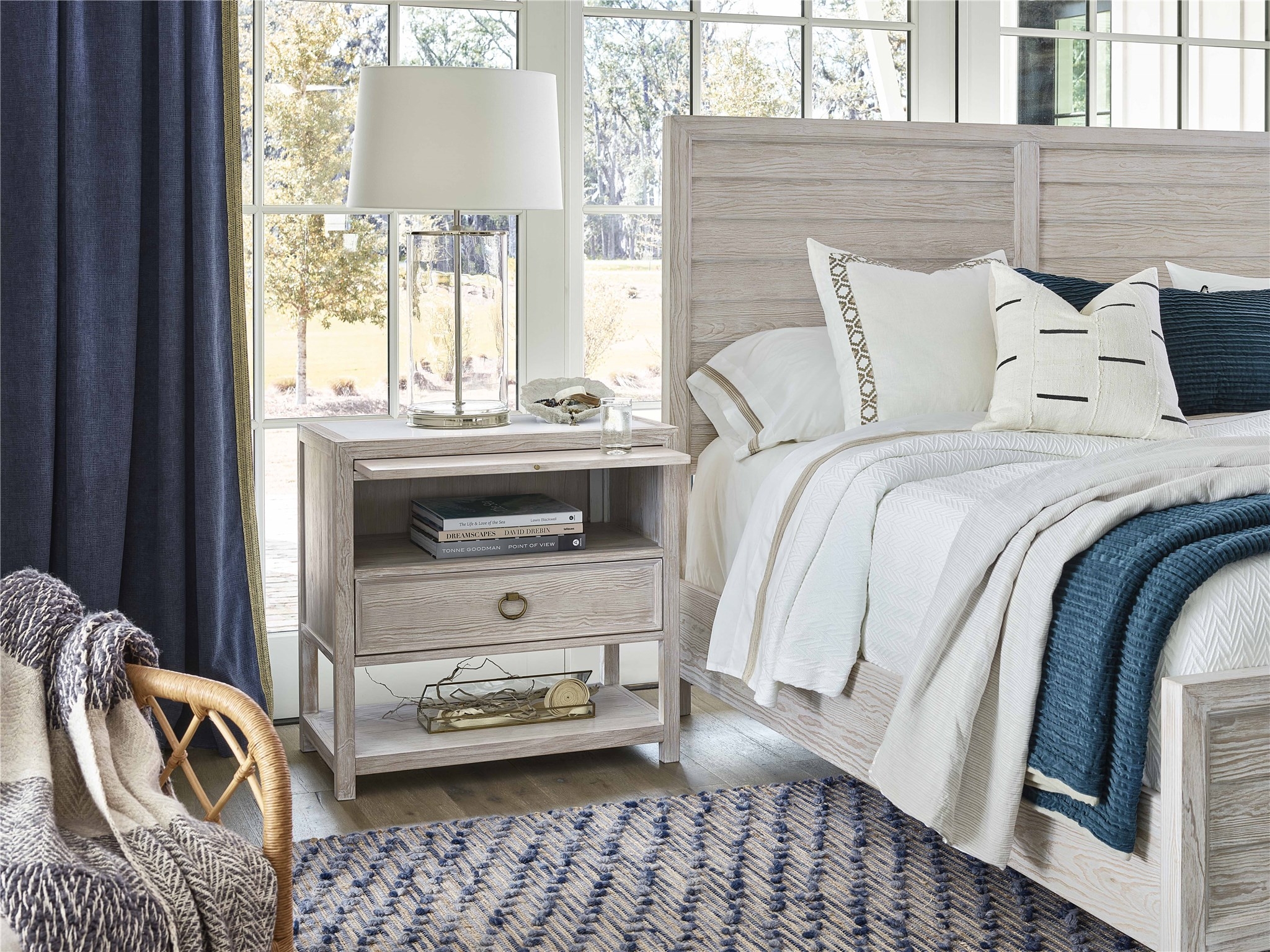 Nightstand with Whitewashed Grey Wood and Functional Pull Tray