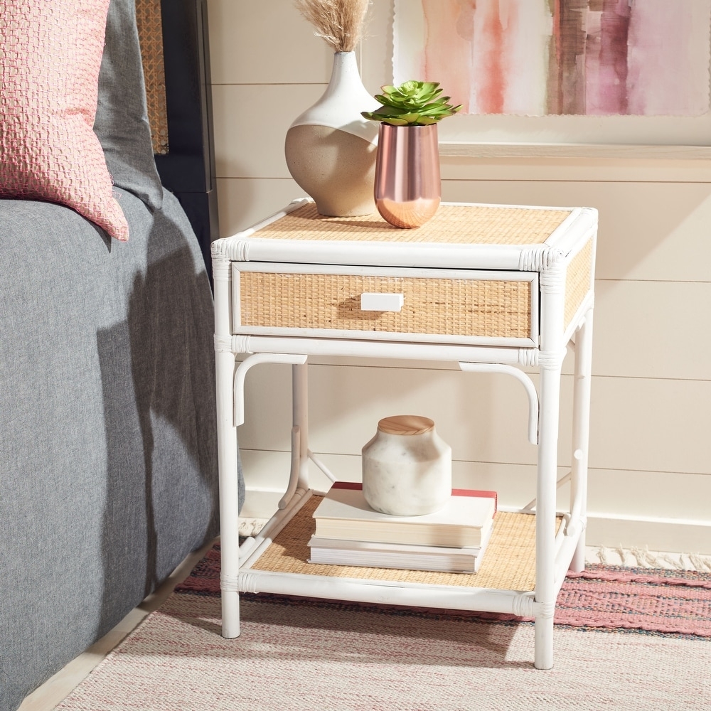 Nightstand with Woven Rattan Panels and White Bamboo Legs
