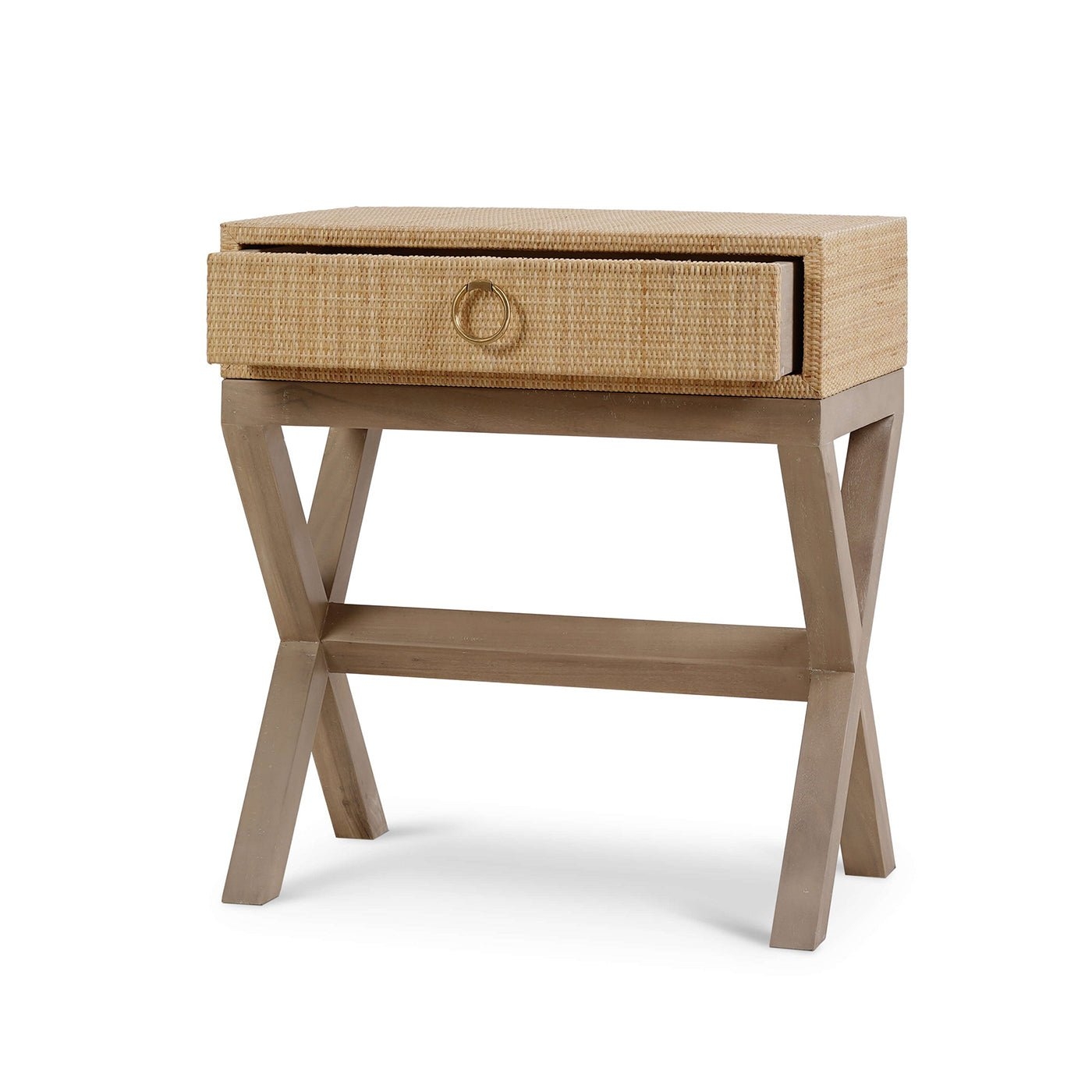 Nightstand with X-Frame Wood Base and Rattan Textured Top