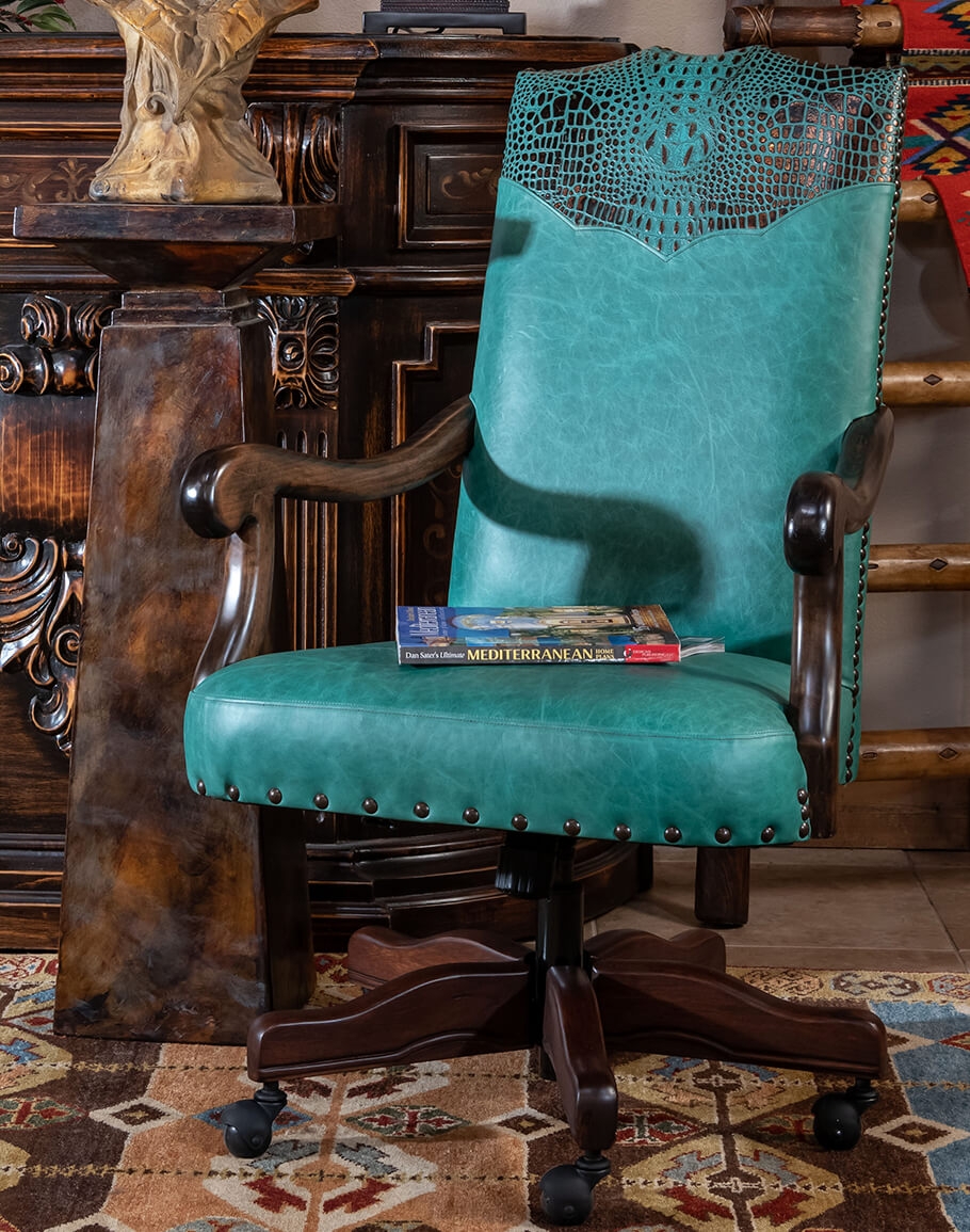 Office Chair Turquoise Leather Embossed Crocodile Back Scrolled Arms