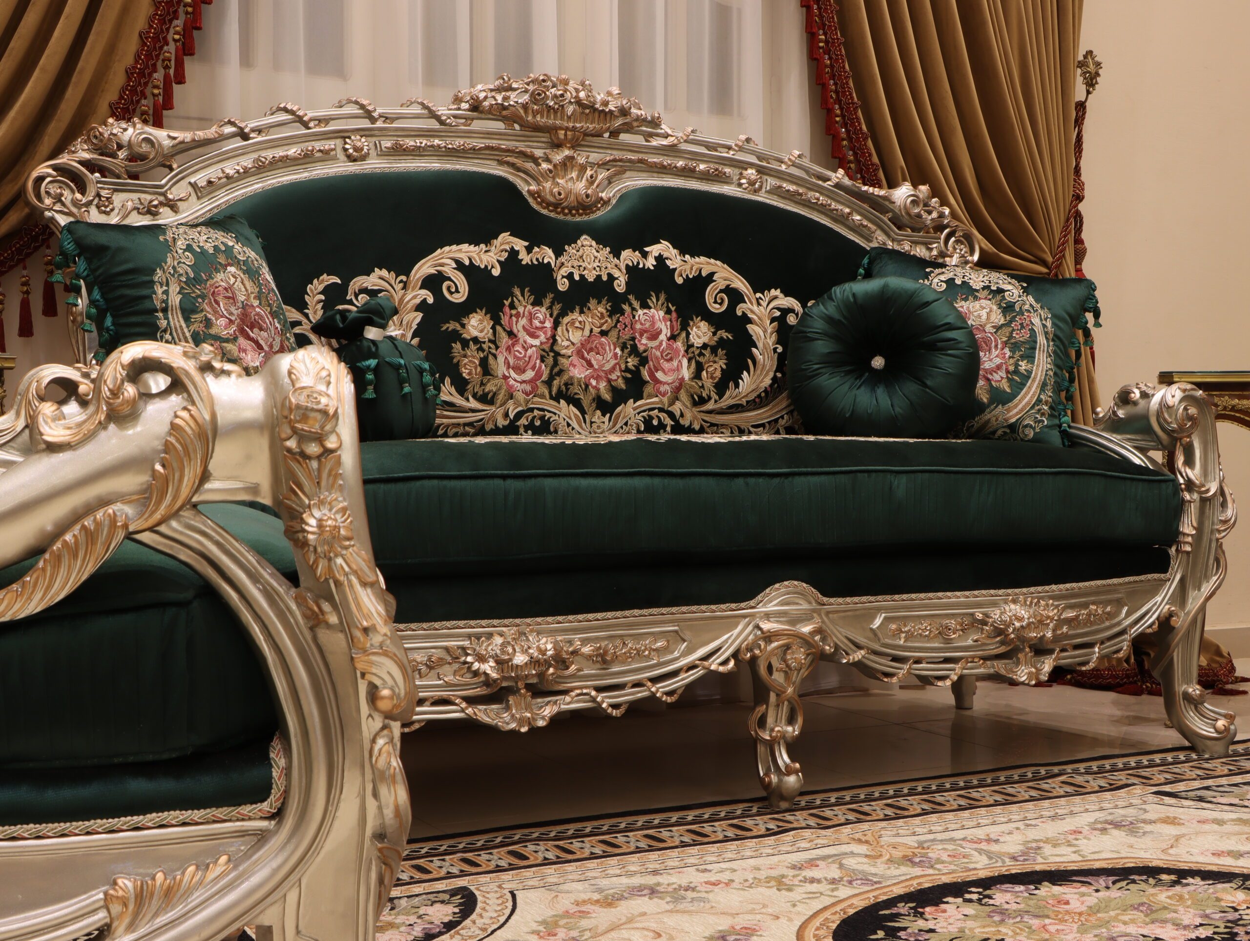 Ornate Sofa Emerald Floral Embroidered Backrest