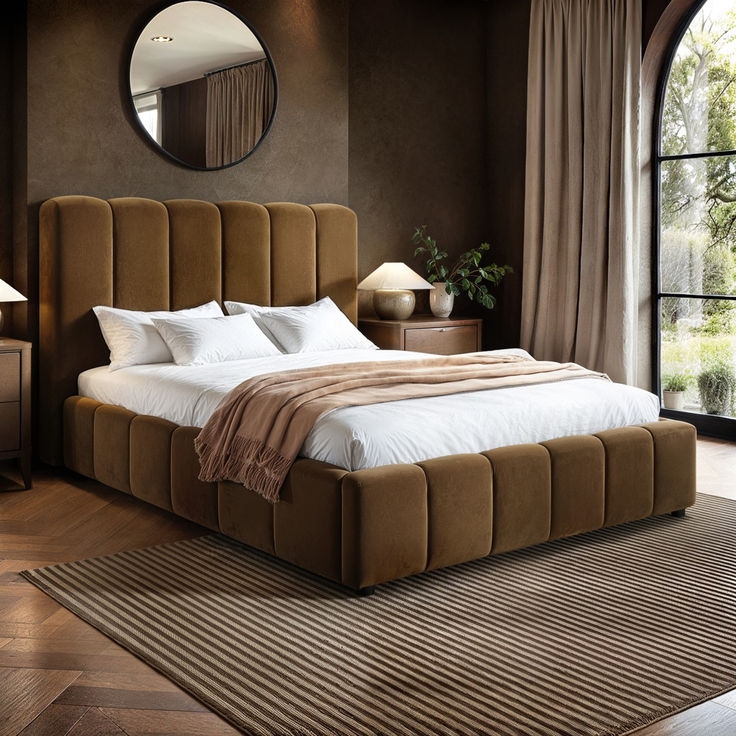 Ottoman Bed: Tobacco Brown Velvet Ribbed Headboard