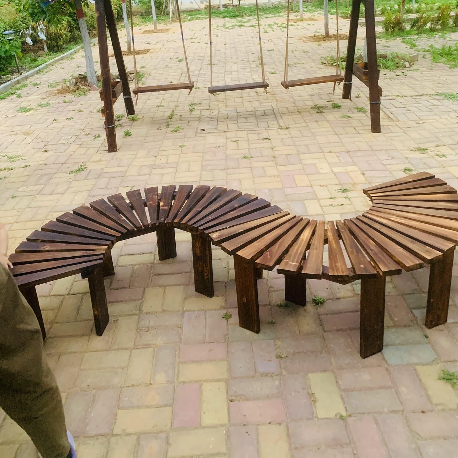 Outdoor Bench S-Shaped Curve Modular Slatted Wood Seating