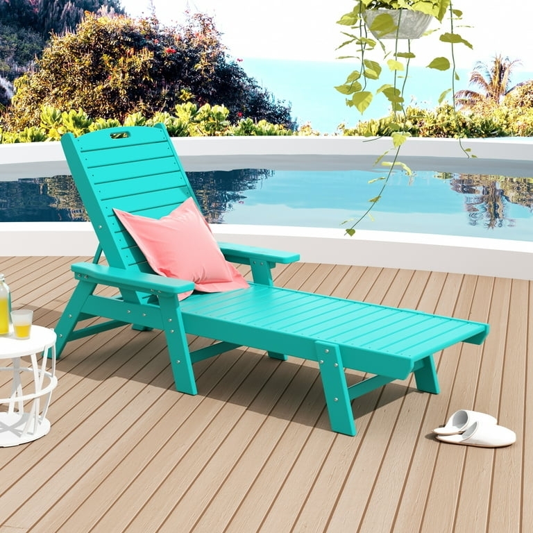 Outdoor Chaise Lounge Slatted Back Adjustable Turquoise Recliner