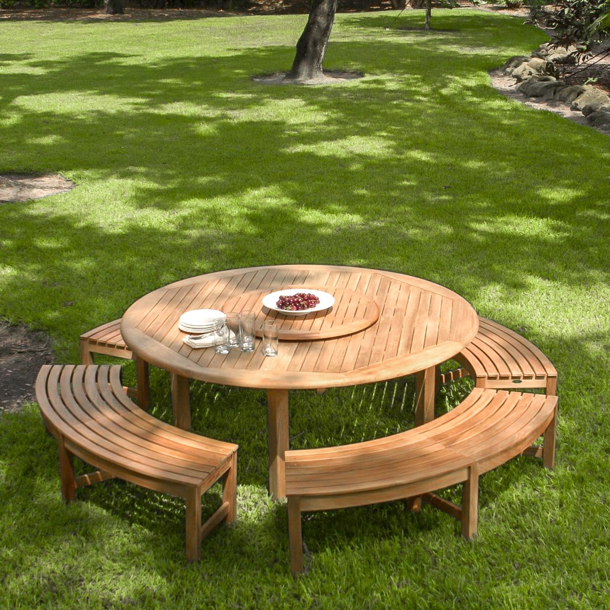 Outdoor Dining Set Lazy Susan and Curved Backless Benches