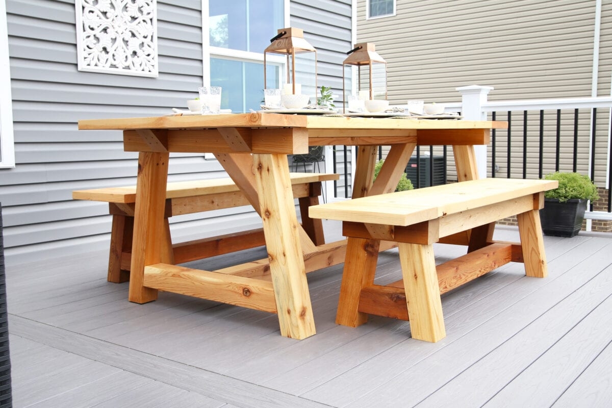 Outdoor Dining Set: Truss Beam Outdoor Table and Thick Timber