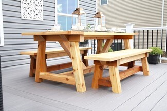 Outdoor Dining Set: Truss Beam Outdoor Table and Thick Timber