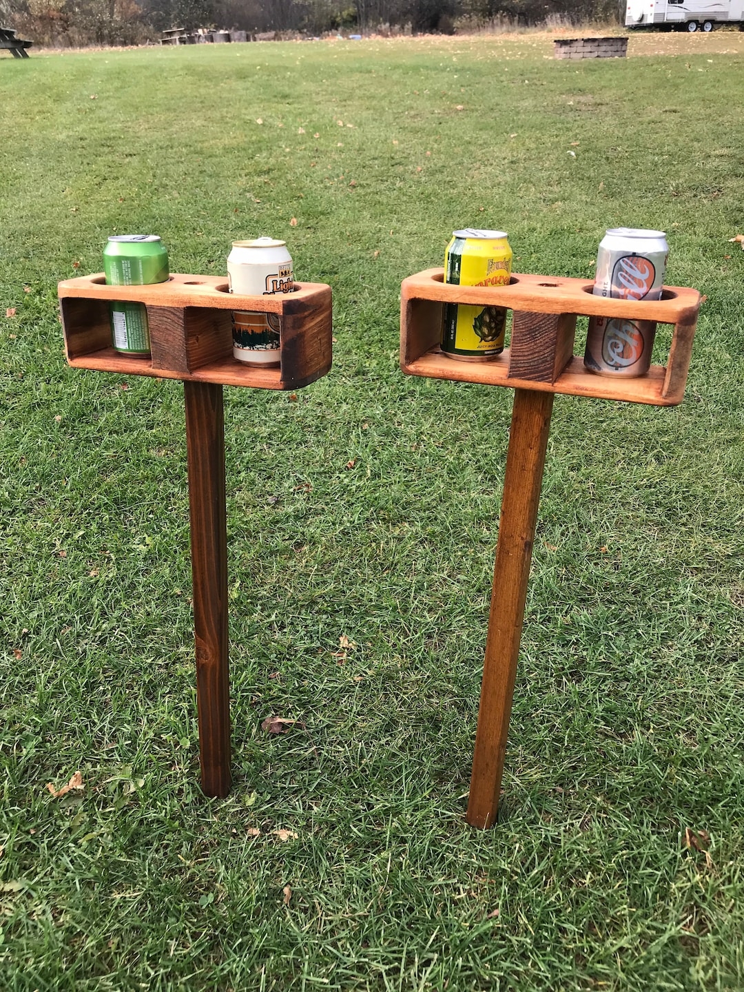 Outdoor Drink Stake with Dual Can Holders in Walnut Wood