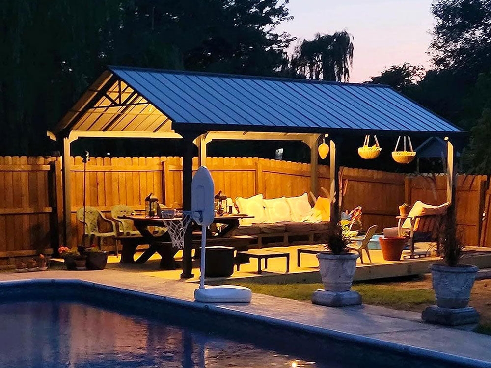 Outdoor Gazebo with Gabled Metal Roof and Poolside Styling
