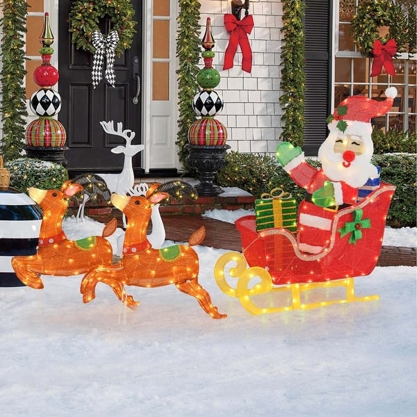Outdoor Holiday Set: Lighted Yard Display Santa Sleigh Set