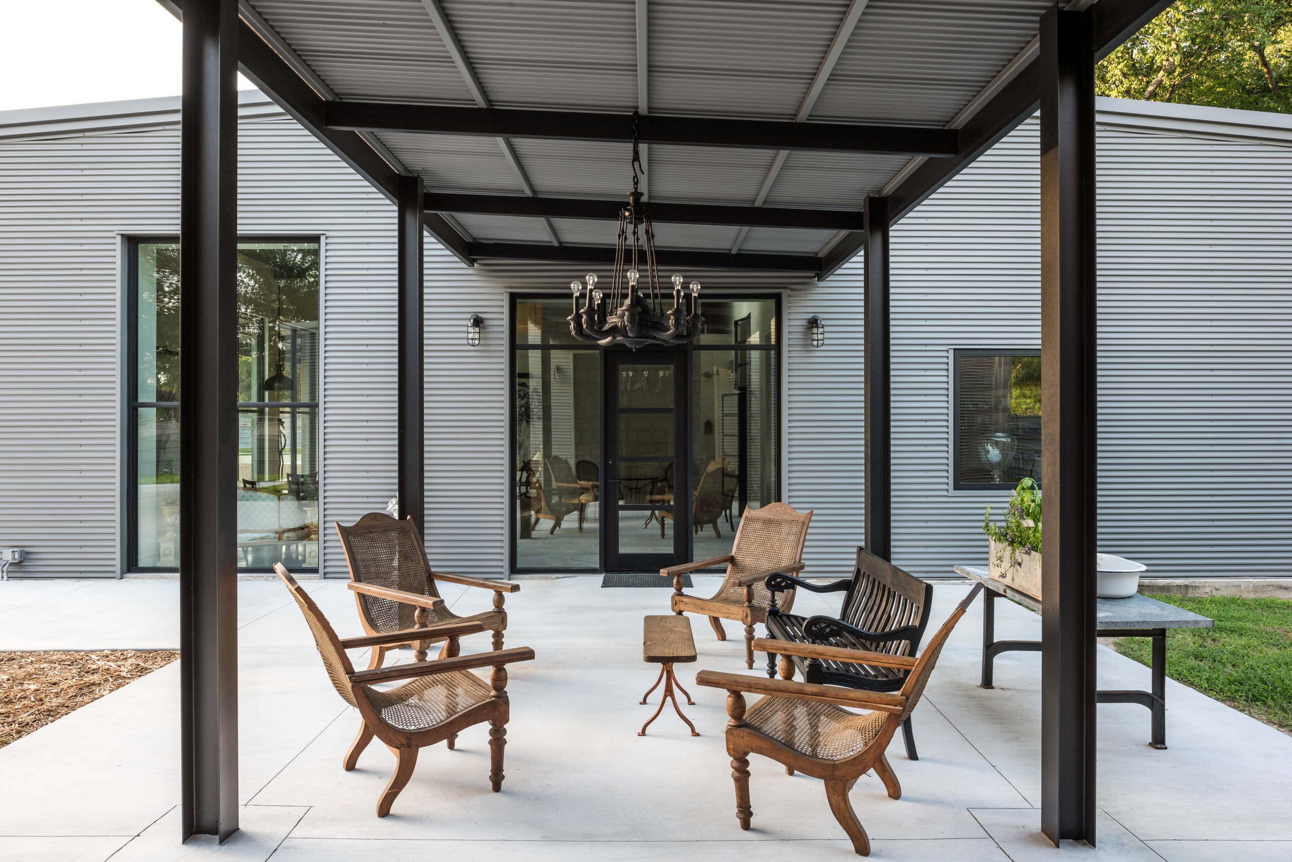 Outdoor Lounge: Black Steel Beams Industrial Metal Patio Roof