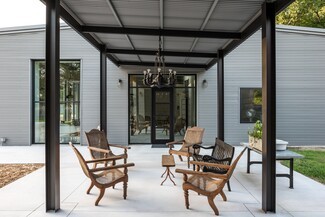 Outdoor Lounge: Black Steel Beams Industrial Metal Patio Roof
