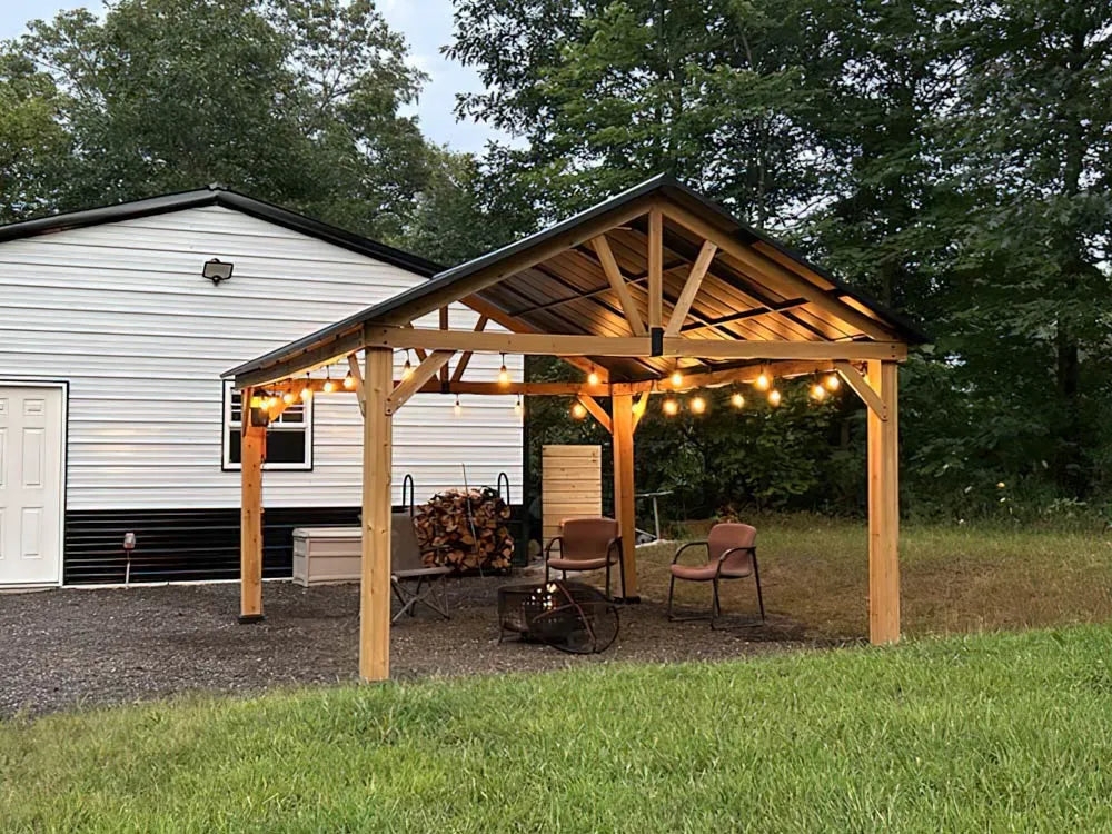 Outdoor Pavilion with Festoon Lights and Gabled Wood Roof