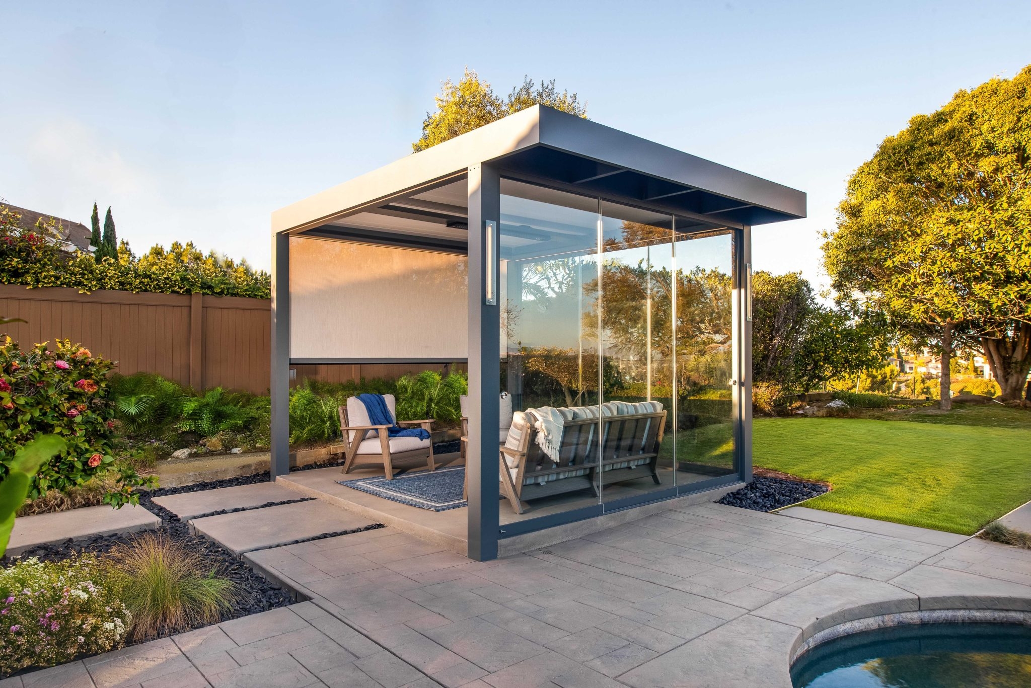 Outdoor Pavilion with LED Post Lights: Modern Glass Enclosure