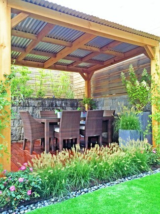 Outdoor Pavilion: Woven Armchairs Timber Frame Pavilion