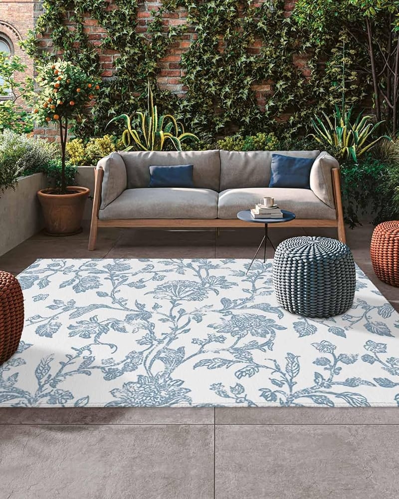 Outdoor Rug Blue Floral Outdoor Rug Toile Print Washable