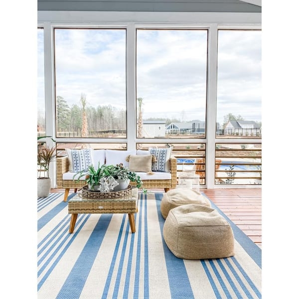 Outdoor Rug Linear Stripe Pattern Nautical Patio Floor