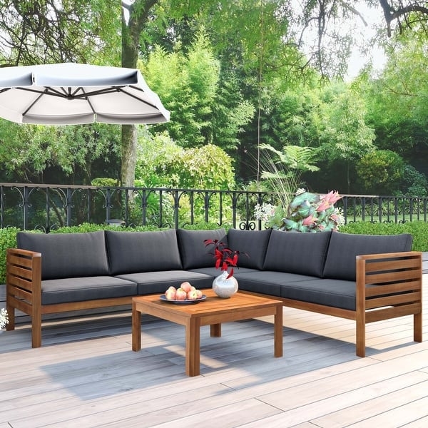 Outdoor Sectional Set with Slatted Wood Arms and L-Shaped Design