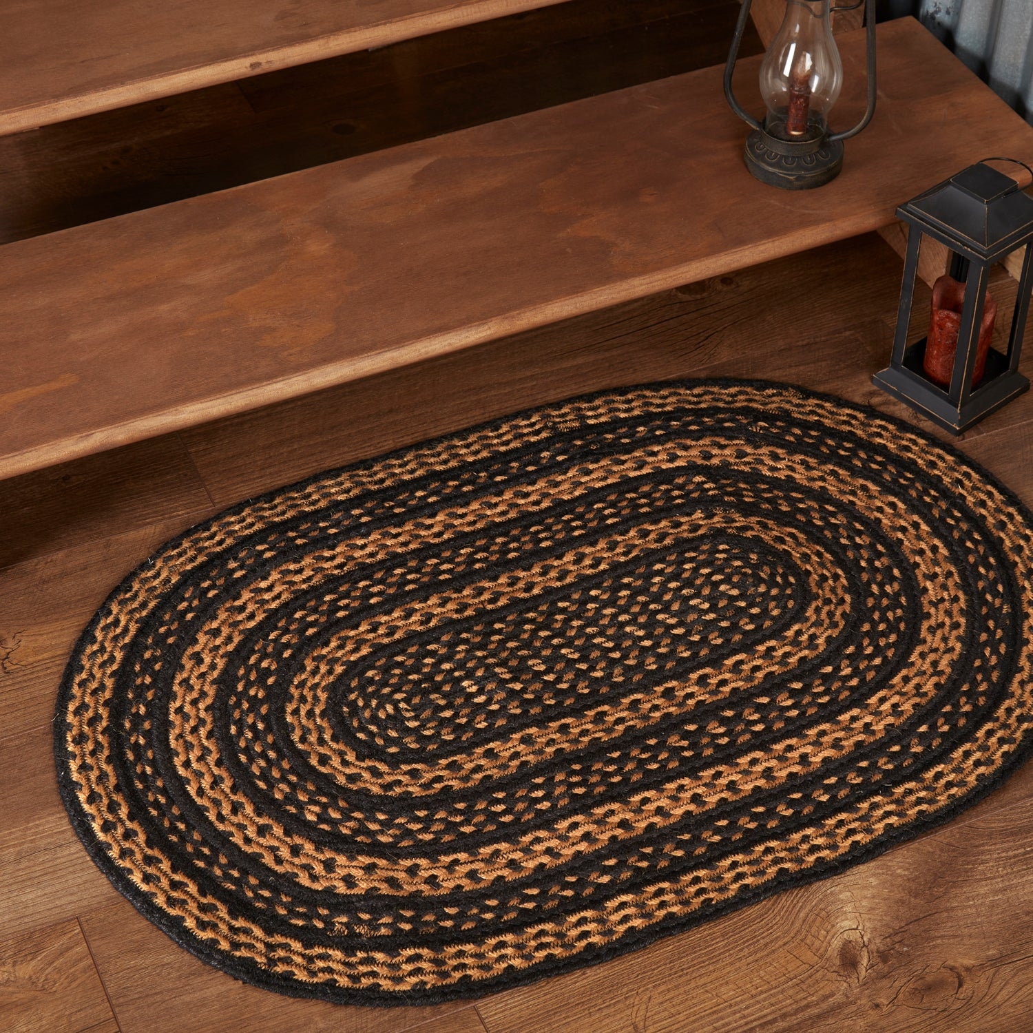 Oval Rug Braided Jute Texture Rustic Staircase Landing