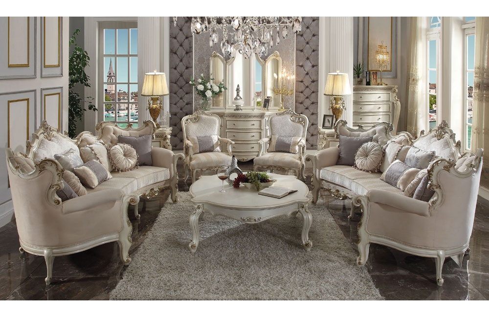 Oversized Sofa with Ornate Carvings and Pearl White Seating