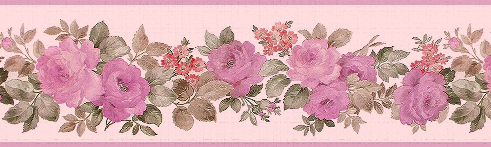 Pale Pink Wallpaper Border; Blooming Rose Wall Decor Accents