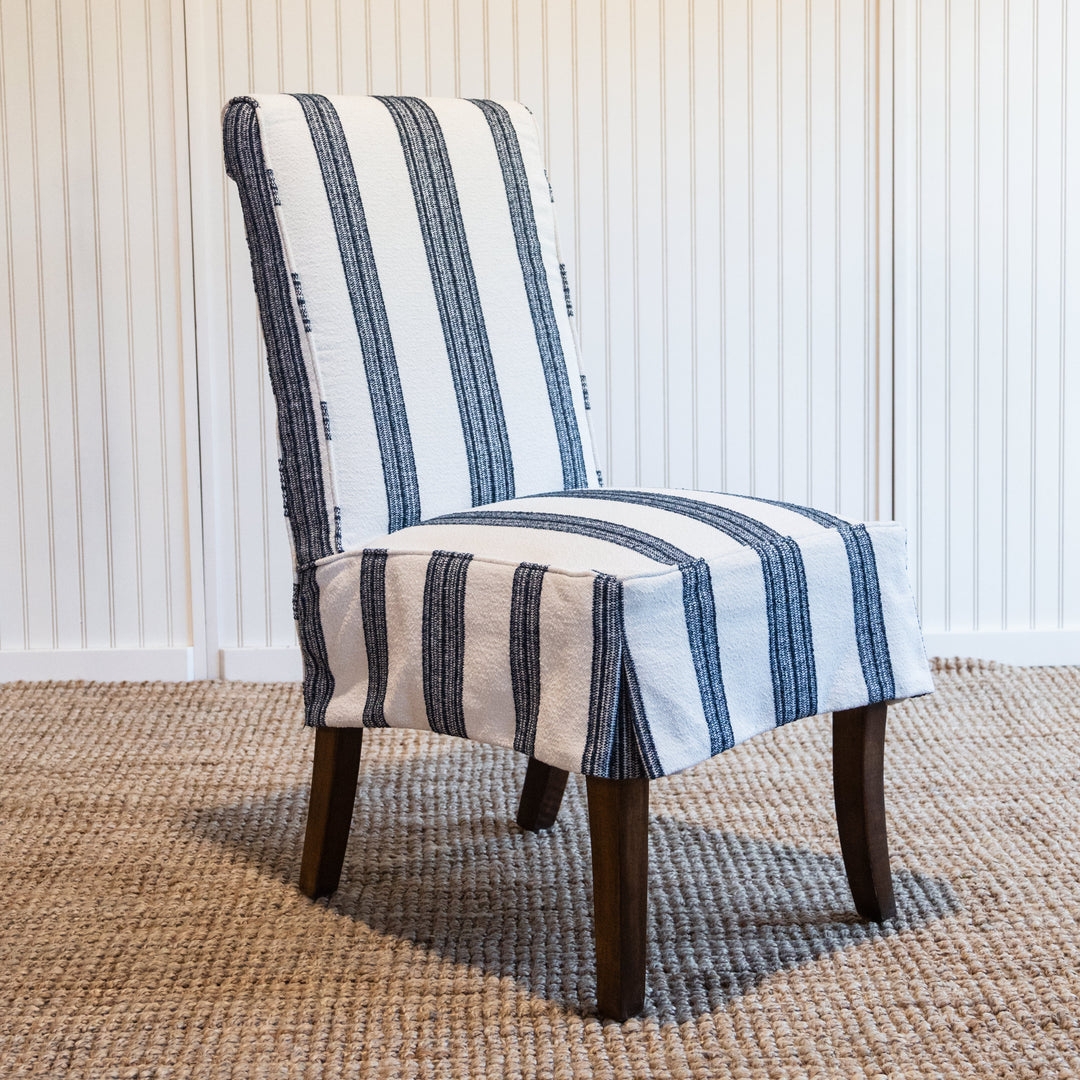 Parsons Chair: Coastal Striped Dining Seat Exposed Wood Legs