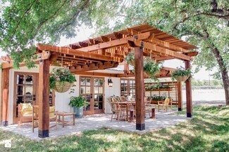 Patio Pergola L-Shaped Wood with Black Metal Hardware