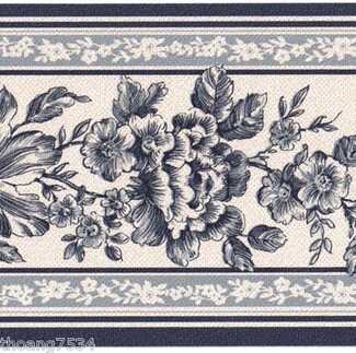 Pebbled Texture Wallpaper Border in Navy Blue Rose Toile Style