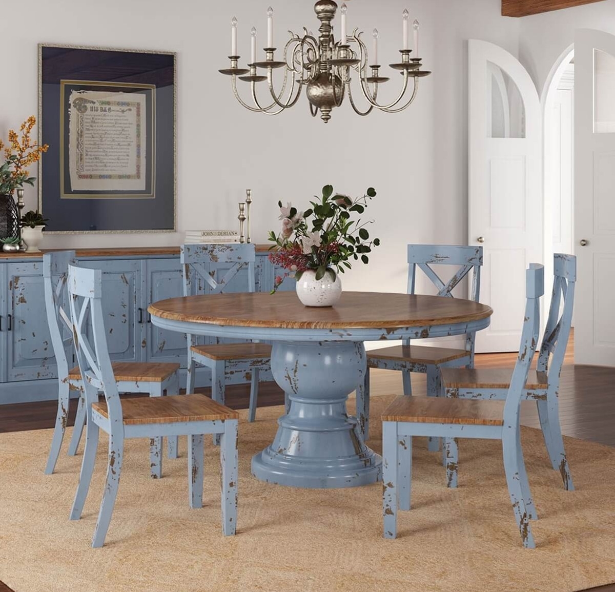 Pedestal Dining Set: Weathered Blue Finish Round Table