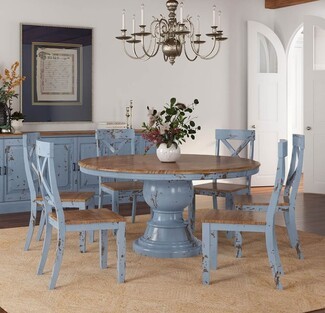Pedestal Dining Set: Weathered Blue Finish Round Table
