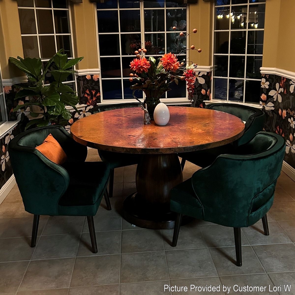 Pedestal Dining Table: Round Top and Emerald Velvet Chairs