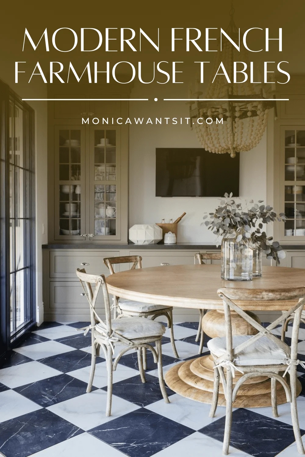 Pedestal Dining Table with Cross Back Chairs on Checkered Tile