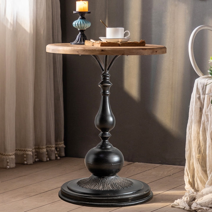 Pedestal End Table Ornate Wood Toned Top Matte Base