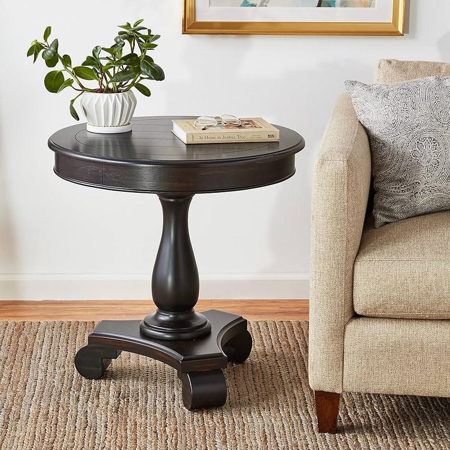Pedestal Side Table Round Plank Top Scroll Feet Noir