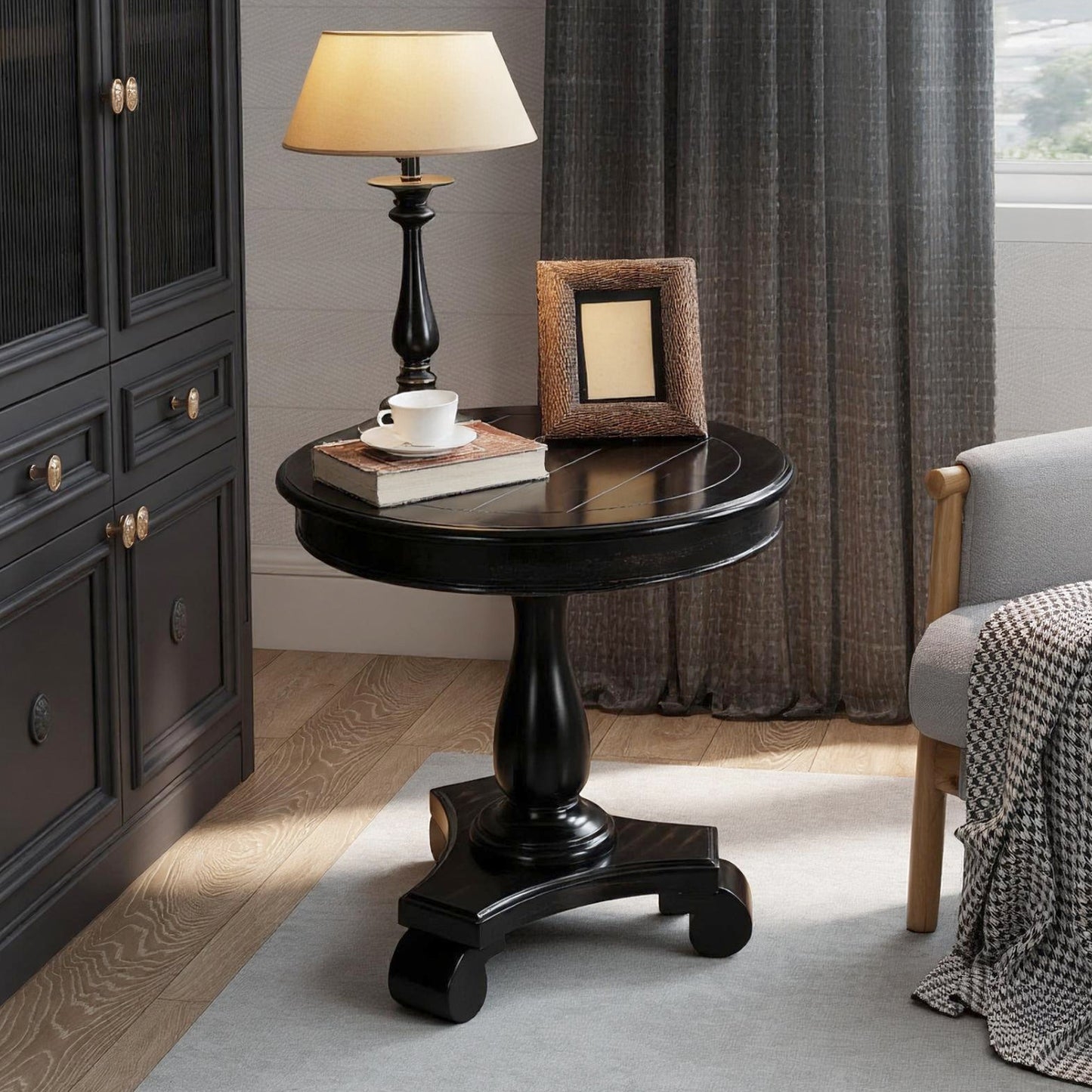 Pedestal Side Table Scrolled Feet Turned Dark Timber