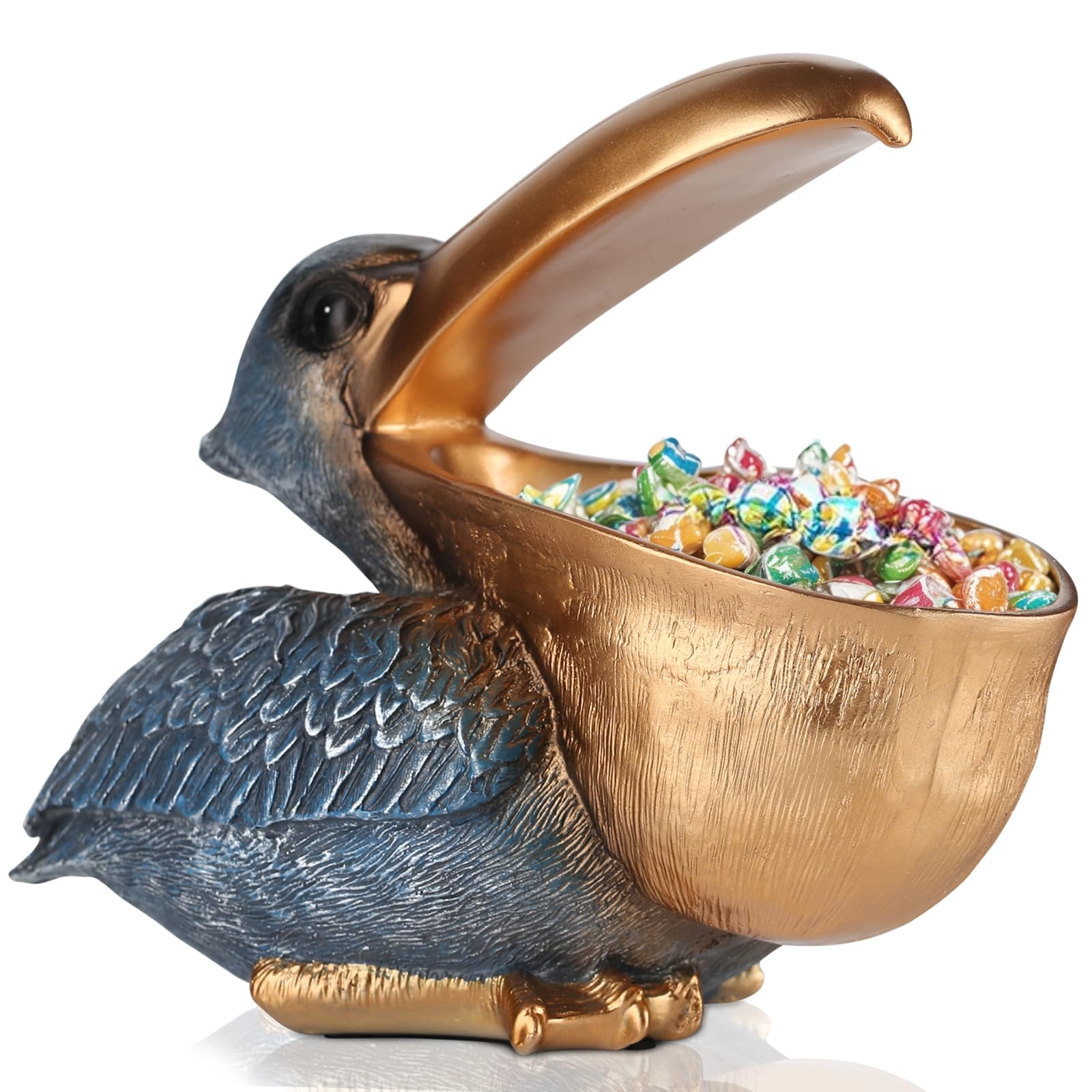Pelican Figurine Open Beak Pouch Metallic Gold Bowl