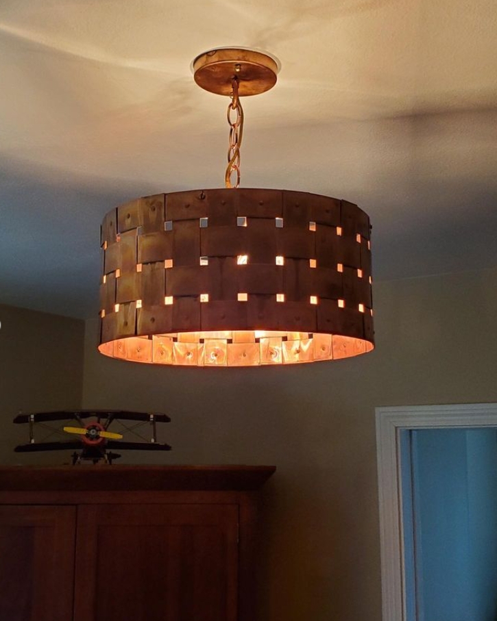 Pendant Light Aged Patina Copper Basket Weave Pattern