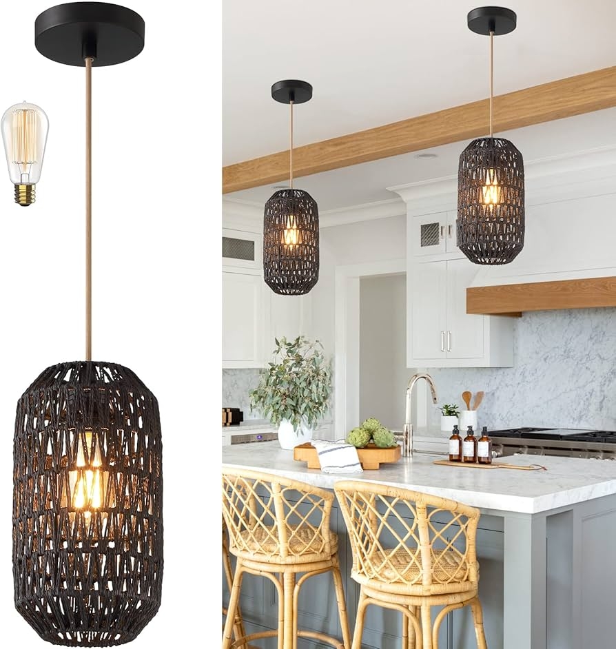 Pendant Light Black Woven Basket Golden Cotton Cord