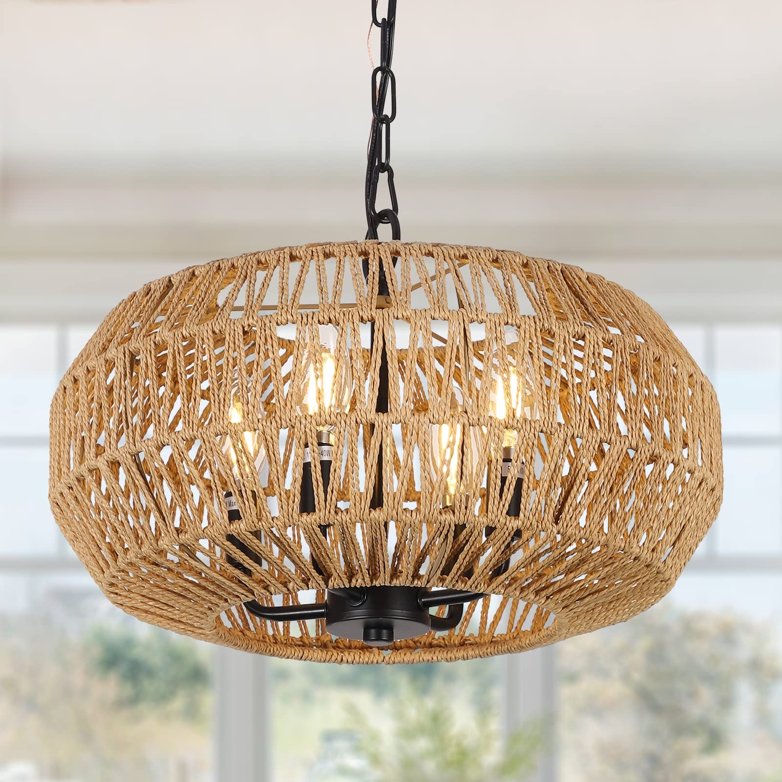 Pendant Light Open Weave Drum Shade Boho Chandelier